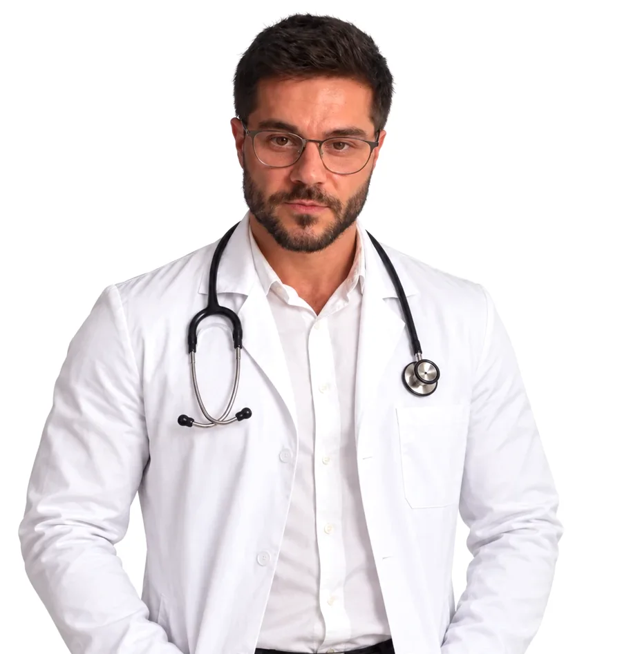 Pedro, o Dr. Sana, de jaleco e estetoscópio, com cara de quem já sabe o diagnóstico